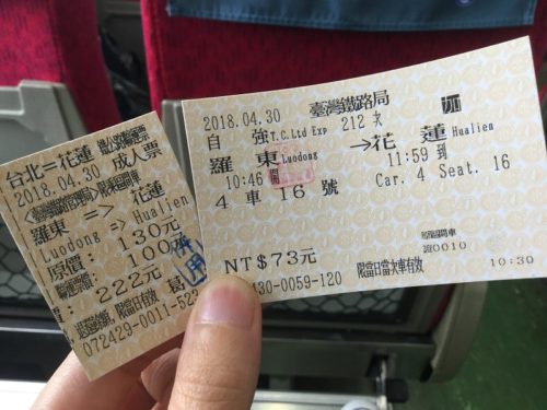 羅東から花蓮への電車の切符