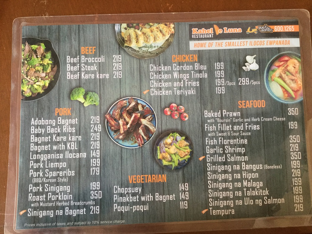 フィリピン・北イロコス地方「ラオアグ」のおすすめレストラン「Kahel de Luna」のメニュー